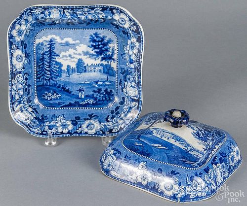 Blue Staffordshire covered entrée dish, 19th c., the lid depicting Audley End Essex