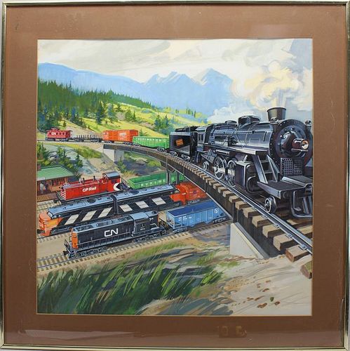 20th C. American School, Gouache Painting of Train