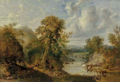 British School, 19th Century  Animated River Landscape with Figures and Cattle