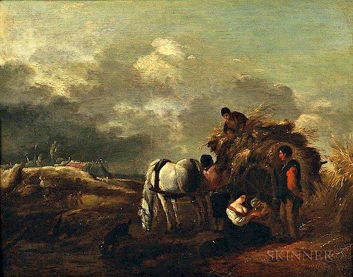 After Philips Wouwerman (Dutch, 1619-1668)  Hay Cart, Harvesters, and Family Under a Cloudy Sky