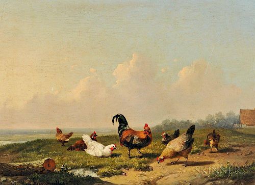 Cornelis Van Leemputten (Belgian, 1841-1902)  Chickens in a Landscape