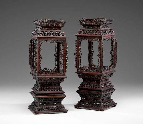 Pair of Chinese Carved Rosewood Lanterns 