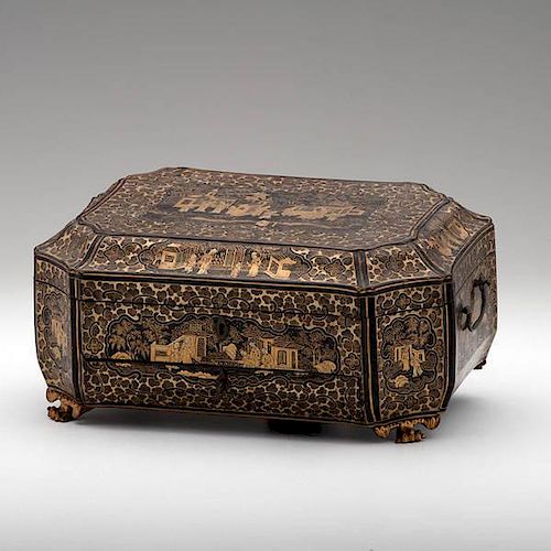 Chinese Export Gilt Lacquer Sewing Box 