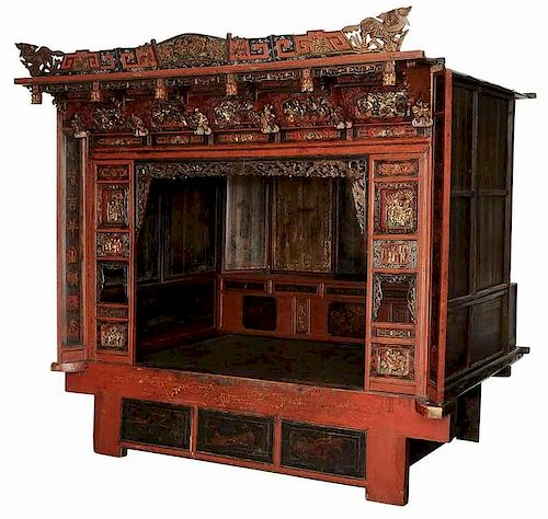 Chinese Carved Painted and Parcel Gilt Bed