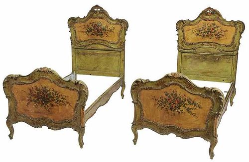 Pair Venetian Paint Decorated Twin Beds