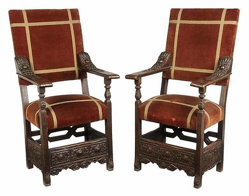 Pair Italian Renaissance Style Walnut Arm Chairs