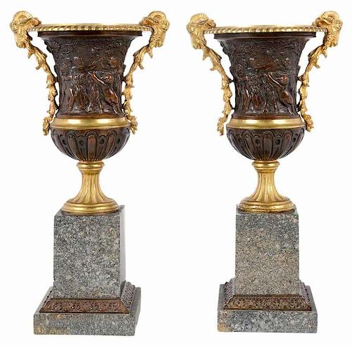 Pair Gilt Bronze Urns on Marble Bases
