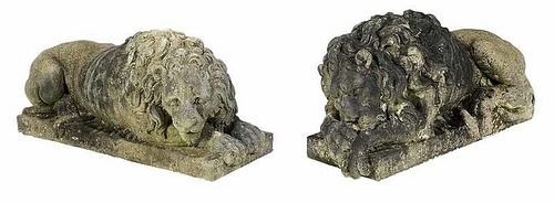 Fine Pair Carved Marble Recumbent Lions