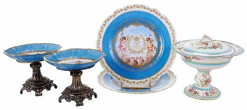 Two Sevres Plates, Two Footed Plates, Compote