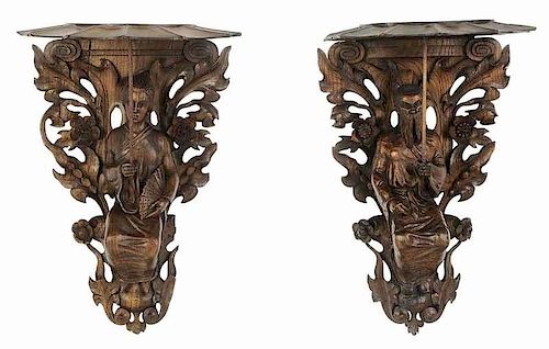 Pair of Carved Figural Chinoiserie Wall Sconces