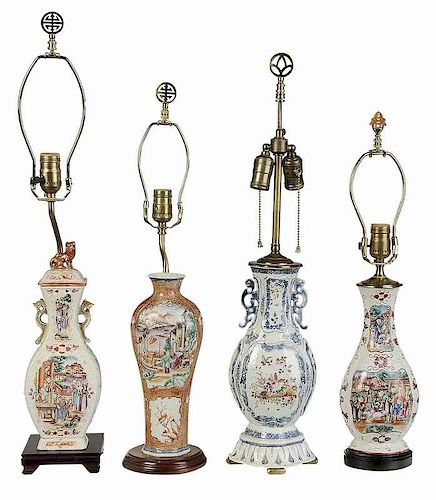 Four Chinese Export Vases Converted to Lamps