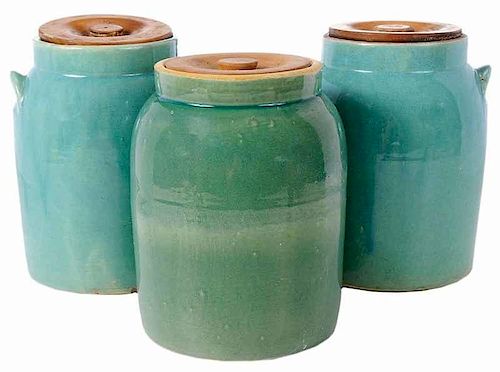 Three Green Glazed Stoneware Cannisters