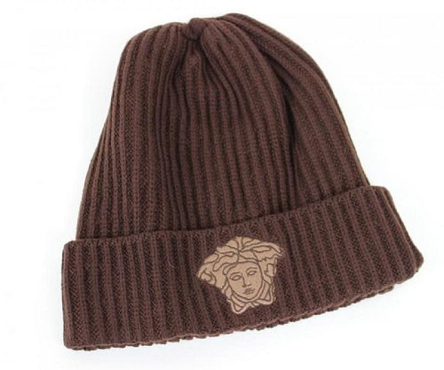 VERSACE, BROWN KNITTED BEANIE