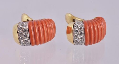 David Webb 18 Kt Gold, Diamond & Coral Earrings