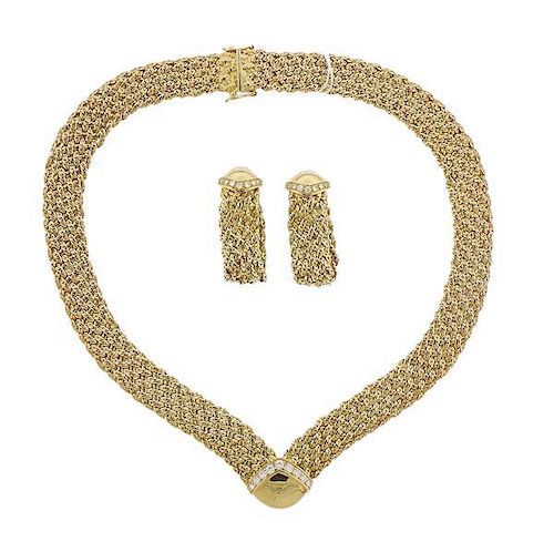 Piaget 18k Gold Diamond Woven Necklace Earrings Set