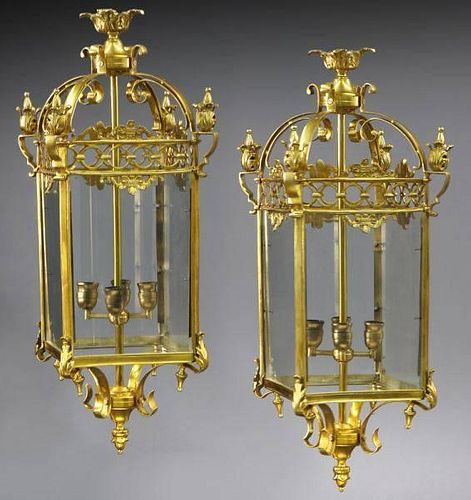 Pr. English bronze-dore and glass square lanterns