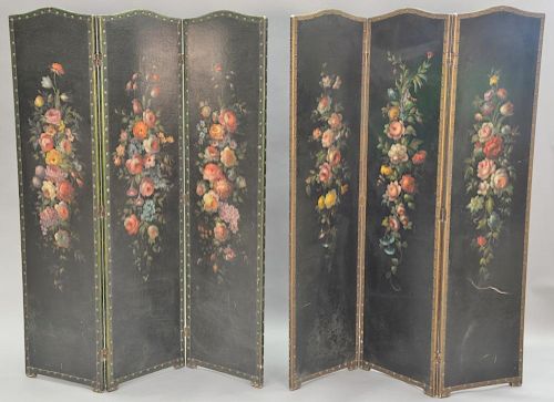 Pair of three fold dressing screen with hand painted flowers (in two parts). ht. 68in., total wd. 108in.