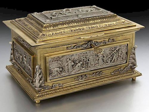 French silvered and bronze-dore casket with key,