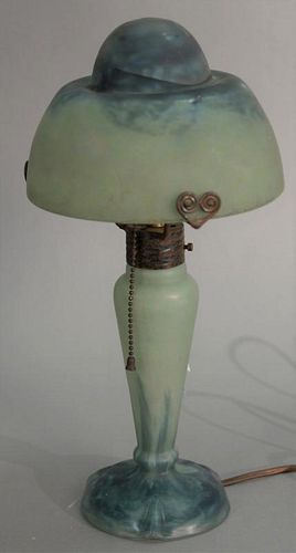 Daum Nancy mushroom table lamp, green and blue color, signed Daum Nancy (heat crack in shade). ht. 15in. Provenance: Property