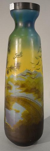 Large Galle vase cameo glass with scene having bridge. ht. 25 1/2in.