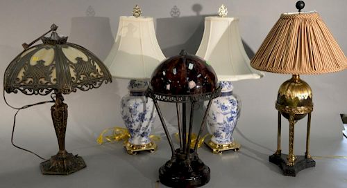 Five table lamps including panel shade lamp, two contemporary lamps, and blue and white porcelain lamps. ht. 22in. to 29in.