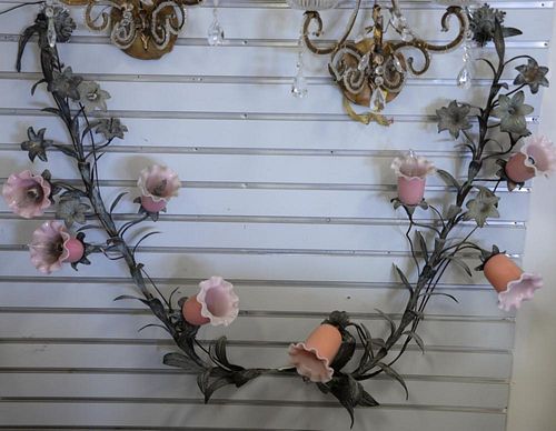 Pair of metal wall sconces, each with four pink case glass shades (two shades are probably replacements). ht. 36in.
