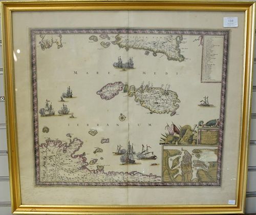 Double page engraved map, Insula Malta Accuratissime Delineata Urbibus et Fortalitus Malta Frederico de wit Amstelodami, sigh