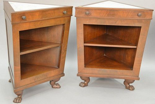 Pair of Mid-Century triangular tables with inset marble top. ht. 29in., wd. 25in., dp. 21 1/2in.