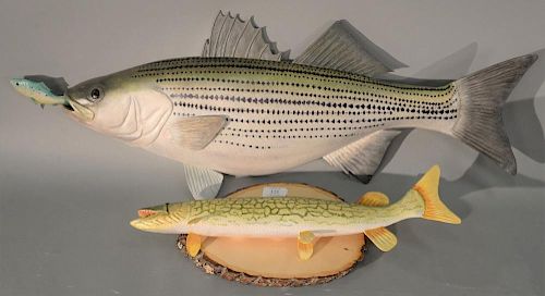 Two Gallagher carved wall sculpture plaques, Long Island Sound Striped Bass and Chain Pickerel, carved wood and painted, both