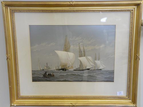 Pair of Fred S. Cozzens colored lithographs, untitled including one of ship sailing into choppy water and a rowboat with sail