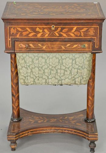 Marquetry inlaid sewing stand with lift top and bag drawer, 19th century, ht. 25in., top: 13 1/2" x 19"