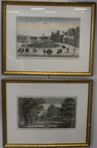 Set of four hand colored engravings including Antoine Basset vue de Chateau de Plaisance, Vue du mall dans St. James, Vue d o