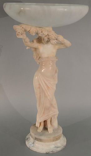 Large alabaster figural lamp, sculpture having large round alabaster bowl form shade supported by partial clad woman on round