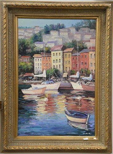 Three contemporary oil on canvas paintings to include Jack Wiberg, ocean sunset having new tag on back $750 (20" x 16"), Sail
