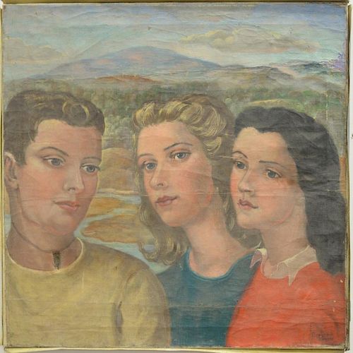 Dorothy Eaton (1893-1968), oil on canvas, Three People in front of a landscape, signed lower right: Dorothy Eaton, 24" x 24".