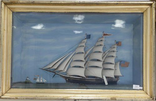 American shadow box diorama framed half hull model of large three masted ship bearing two American flags off lighthouse, sigh