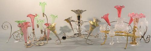 Group of eight Epergnes, single vase with brass holder, silverplated with green and cranberry vases, large epergne with with