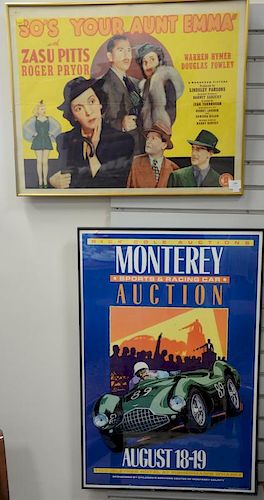 Two framed pieces to include Monterey Auction Race car lithograph (35" x 23") and a poster of monogrammed pictures "So's Your