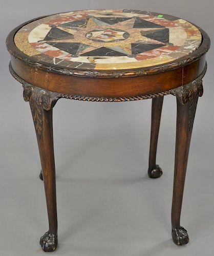 Chippendale style mahogany round table with specimen stone top. ht. 29in., dia. 29in.