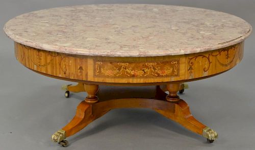 Fineberg marble top coffee table with two drawers, attributed to Fineberg, Hartford, CT. (chips in veneer). ht. 19in., dia. 4