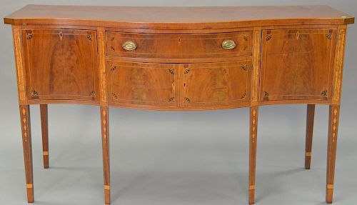 Federal style mahogany sideboard with panel and bell flower inlays. ht. 40in., wd. 69in., dp. 26in.