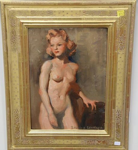 Edward Leonard (1901-1968), oil on board 3/4 length nude woman standing, in gilt frame, signed lower right: Edward Leonard, 1
