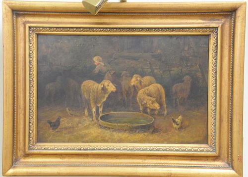 19th/20th Century oil on board, "Sheepfold", remnant of signature lower right: Custuino?, having old paper label on verso wit