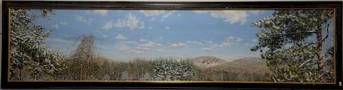 Falcone, oil on canvas, Winter Landscape of geese flying south, signed lower right: Falcone 02. 30" x 132" Provenance: Proper