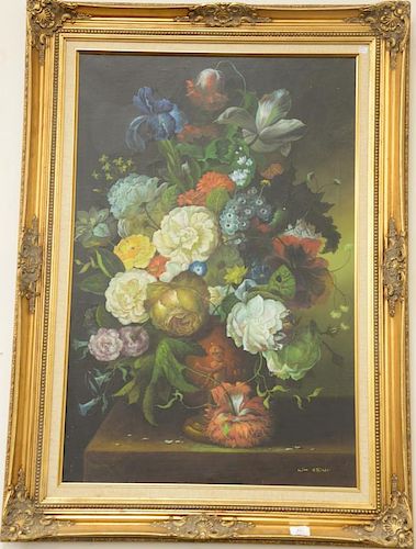 William Steiner oil on canvas large floral still life signed lower right W.M. Steiner, 20th century, 24" x 36".