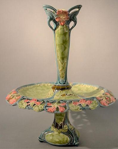 Art Nouveau Majolica epergne with vase. ht. 20in., dia. 15 1/2in. Provenance: Property from the Estate of Frank Perrotti Jr.