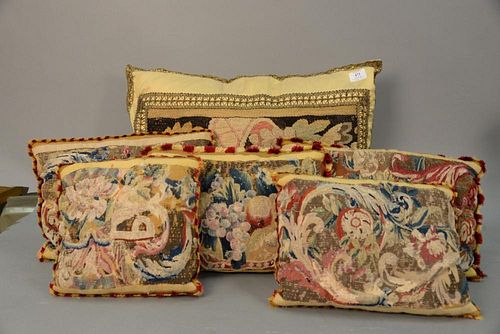 Group of six Aubusson upholstered custom pillows.