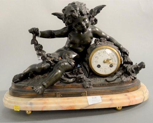 After Francois Moreau French figural mantle clock having cherub with wheat and flowers "Amour Brulant Ses Arms or Salon des B