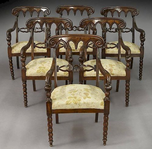 (6) Charles X Gothic style armchairs.