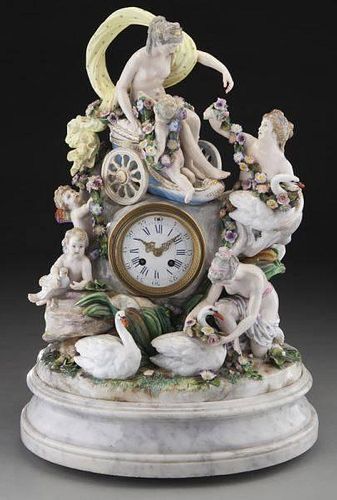 German porcelain clock on marble base,